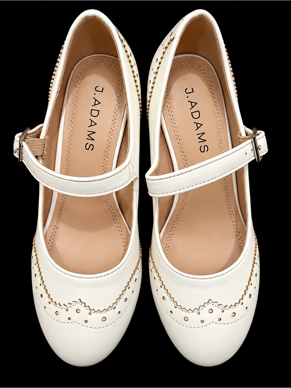 J. Adams White Mary Jane Pumps with Brogue Trim